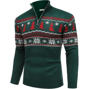 imageCOOFANDY Mens Quarter Zip Pullover Sweater Casual Zip Up Polo Sweater KnitDark Green and Christmas Tree