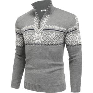 imageCOOFANDY Mens Quarter Zip Pullover Sweater Casual Zip Up Polo Sweater KnitLight Grey and White Snowflake