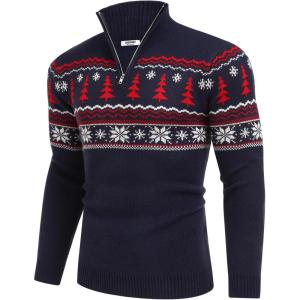 imageCOOFANDY Mens Quarter Zip Pullover Sweater Casual Zip Up Polo Sweater KnitNavy Blue and Christmas Tree