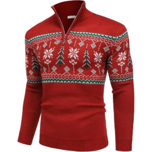 imageCOOFANDY Mens Quarter Zip Pullover Sweater Casual Zip Up Polo Sweater KnitRed and Christmas Tree