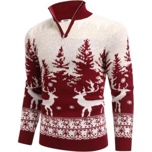 imageCOOFANDY Mens Quarter Zip Pullover Sweater Casual Zip Up Polo Sweater KnitRed and White Deer
