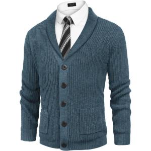 imageCOOFANDY Mens Shawl Collar Cardigan Sweater Slim Fit Cable Knit Button up Sweater with PocketsBlue Heather