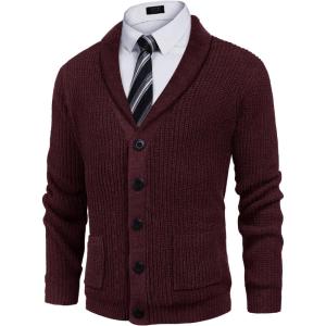imageCOOFANDY Mens Shawl Collar Cardigan Sweater Slim Fit Cable Knit Button up Sweater with PocketsDark Red