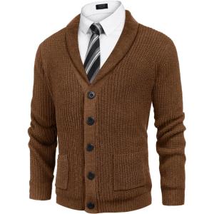 imageCOOFANDY Mens Shawl Collar Cardigan Sweater Slim Fit Cable Knit Button up Sweater with PocketsLight Caramel