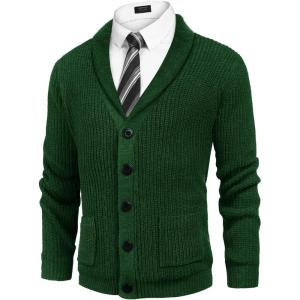 imageCOOFANDY Mens Shawl Collar Cardigan Sweater Slim Fit Cable Knit Button up Sweater with PocketsLight Green