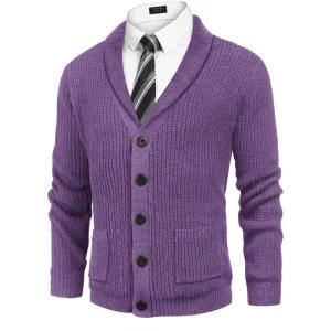 imageCOOFANDY Mens Shawl Collar Cardigan Sweater Slim Fit Cable Knit Button up Sweater with PocketsPurple