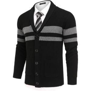 imageCOOFANDY Mens Shawl Collar Cardigan Sweater Slim Fit Cable Knit Button up Sweater with PocketsStripesdark Gray on Black