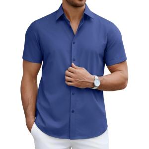 imageCOOFANDY Mens Short Sleeve Dress Shirts Casual Button Down Wrinkle Free Regular Fit Business Untucked ShirtsDark Blue
