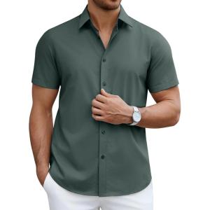 imageCOOFANDY Mens Short Sleeve Dress Shirts Casual Button Down Wrinkle Free Regular Fit Business Untucked ShirtsEvergreen