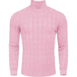 imageCOOFANDY Mens Slim Fit Turtleneck Sweater Casual Twisted Knitted Pullover SweatersLight Pink
