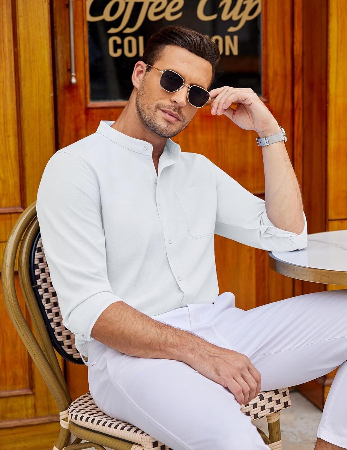imageCOOFANDY Mens Oxford Shirts Long Sleeve Casual Button Down Shirts Band Collar Dress Shirt with PocketAll White