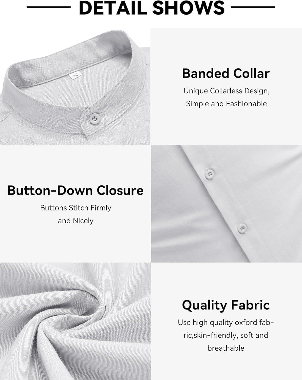 imageCOOFANDY Mens Oxford Shirts Long Sleeve Casual Button Down Shirts Band Collar Dress Shirt with PocketAll White