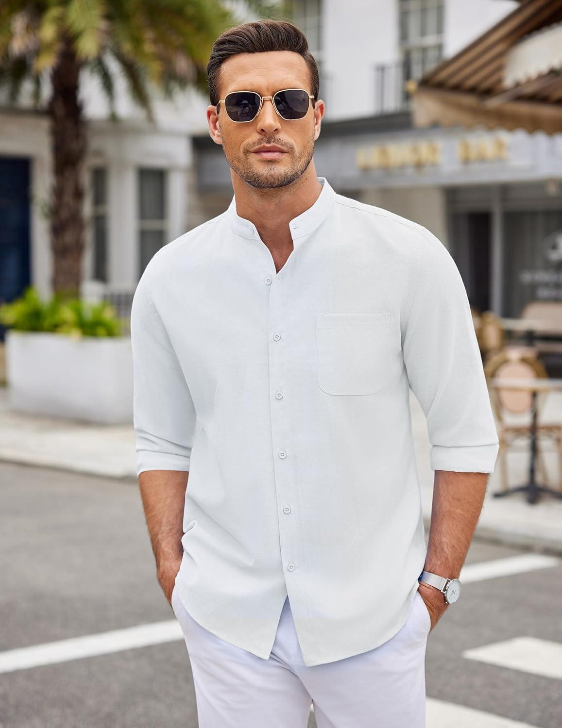 imageCOOFANDY Mens Oxford Shirts Long Sleeve Casual Button Down Shirts Band Collar Dress Shirt with PocketAll White