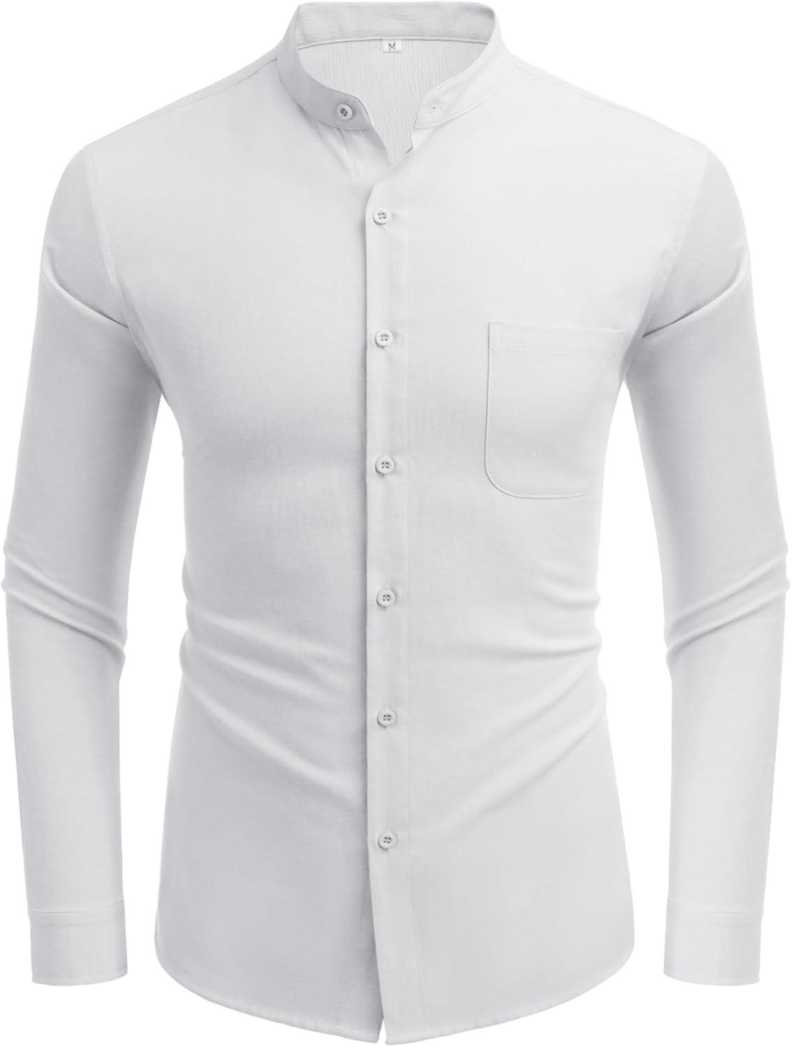 imageCOOFANDY Mens Oxford Shirts Long Sleeve Casual Button Down Shirts Band Collar Dress Shirt with PocketAll White