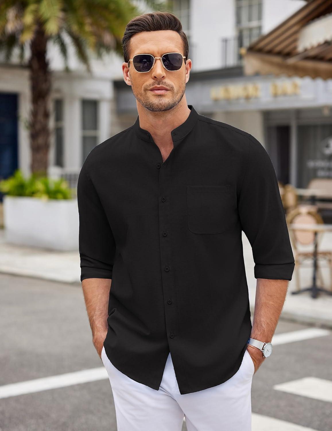imageCOOFANDY Mens Oxford Shirts Long Sleeve Casual Button Down Shirts Band Collar Dress Shirt with PocketBlack
