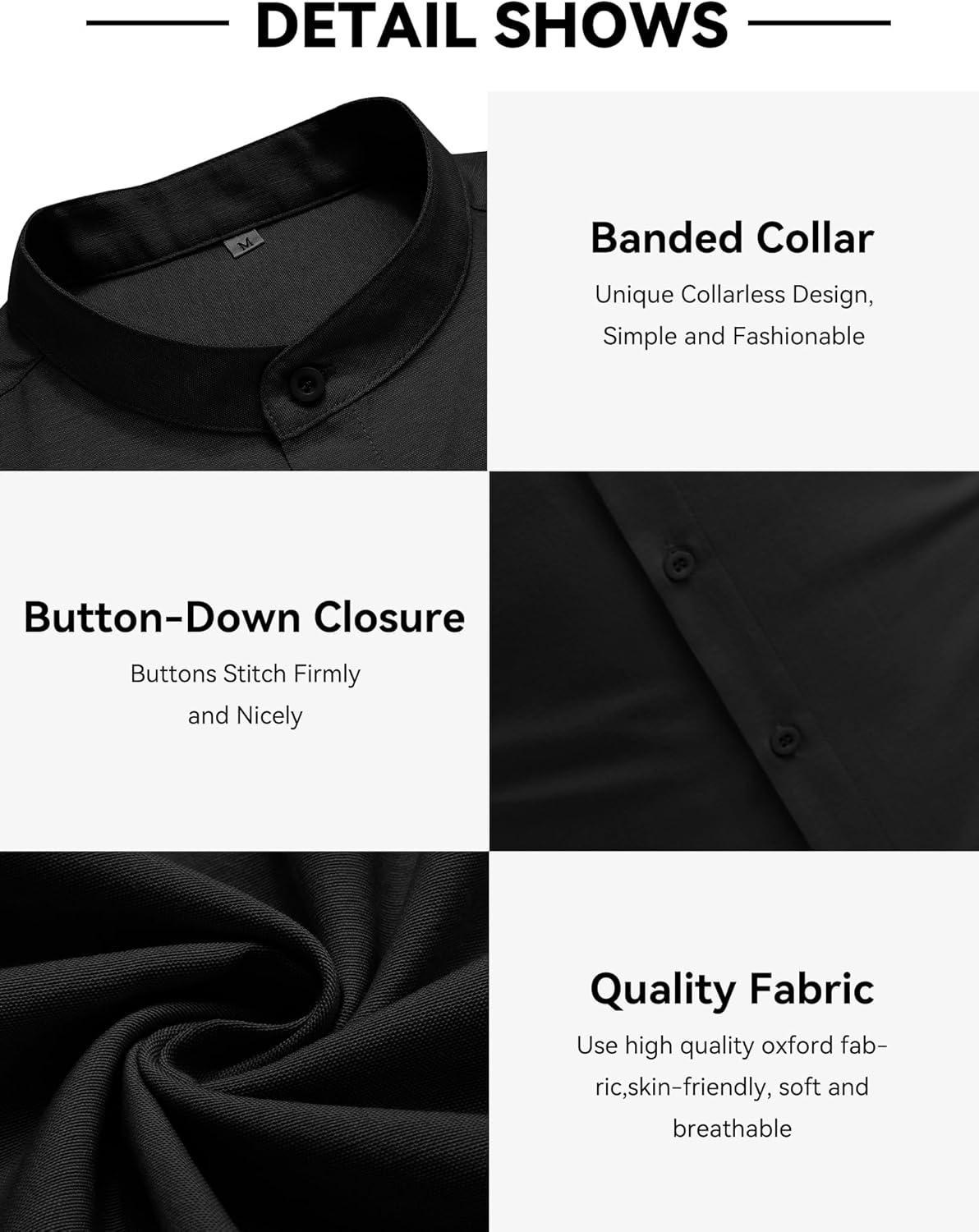 imageCOOFANDY Mens Oxford Shirts Long Sleeve Casual Button Down Shirts Band Collar Dress Shirt with PocketBlack