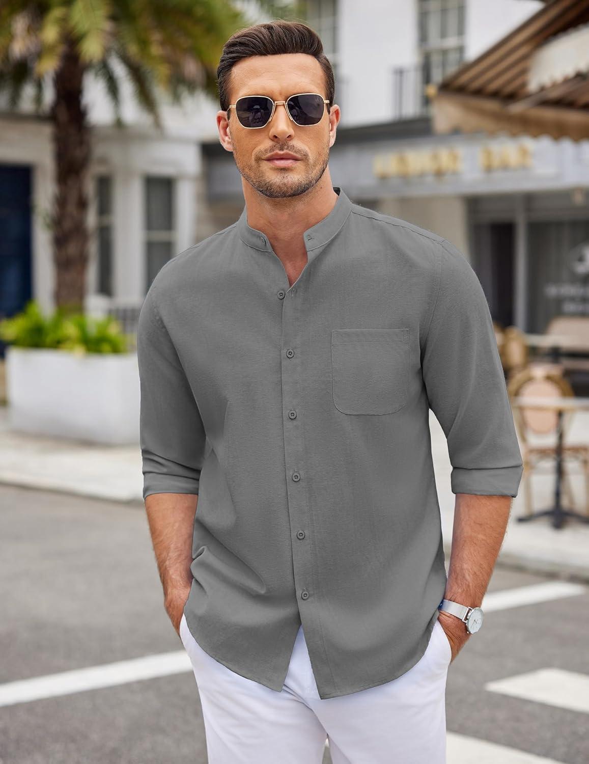 imageCOOFANDY Mens Oxford Shirts Long Sleeve Casual Button Down Shirts Band Collar Dress Shirt with PocketDark Grey