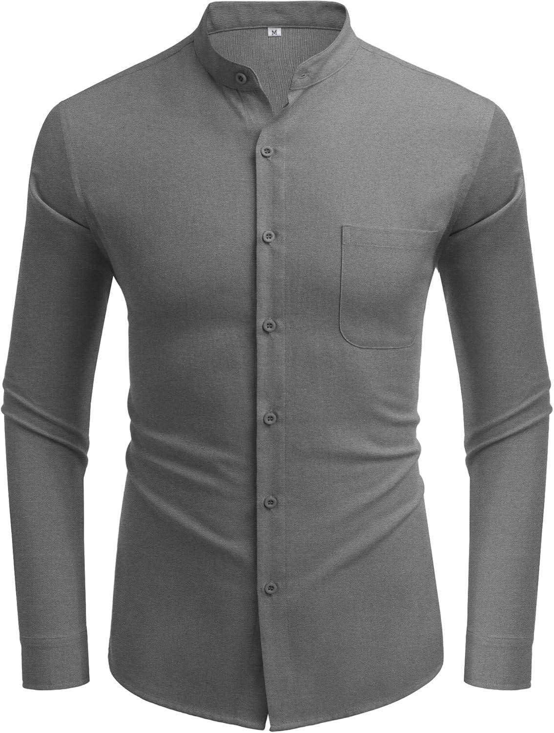 imageCOOFANDY Mens Oxford Shirts Long Sleeve Casual Button Down Shirts Band Collar Dress Shirt with PocketDark Grey