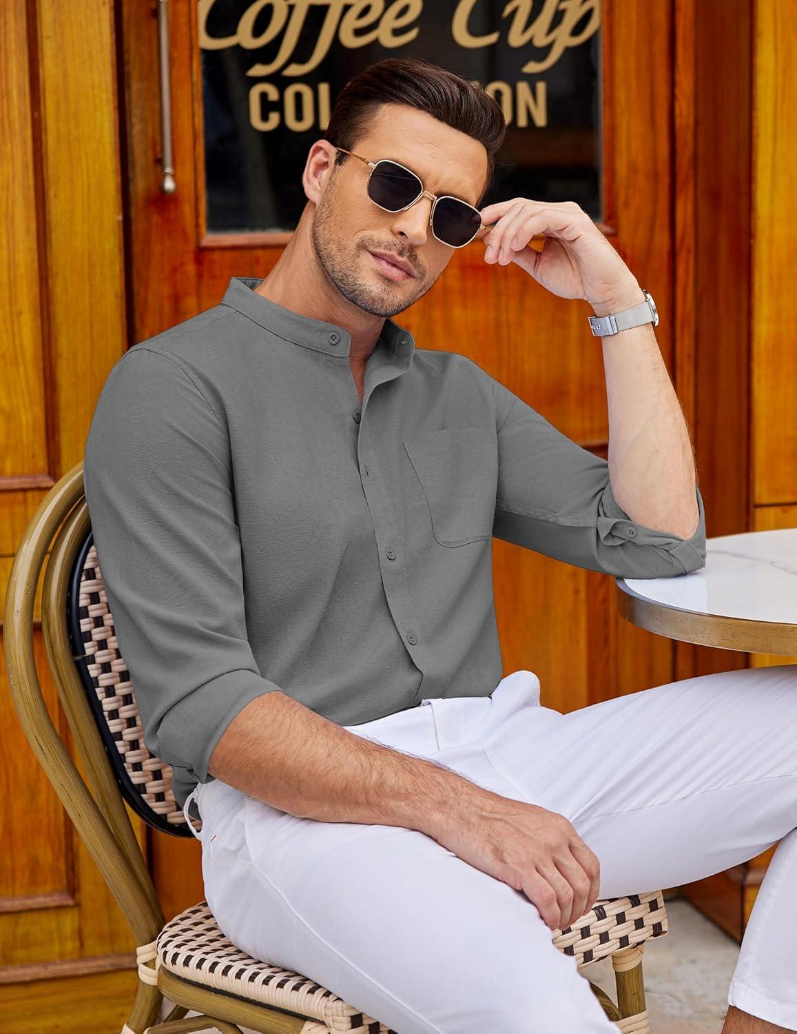 imageCOOFANDY Mens Oxford Shirts Long Sleeve Casual Button Down Shirts Band Collar Dress Shirt with PocketDark Grey
