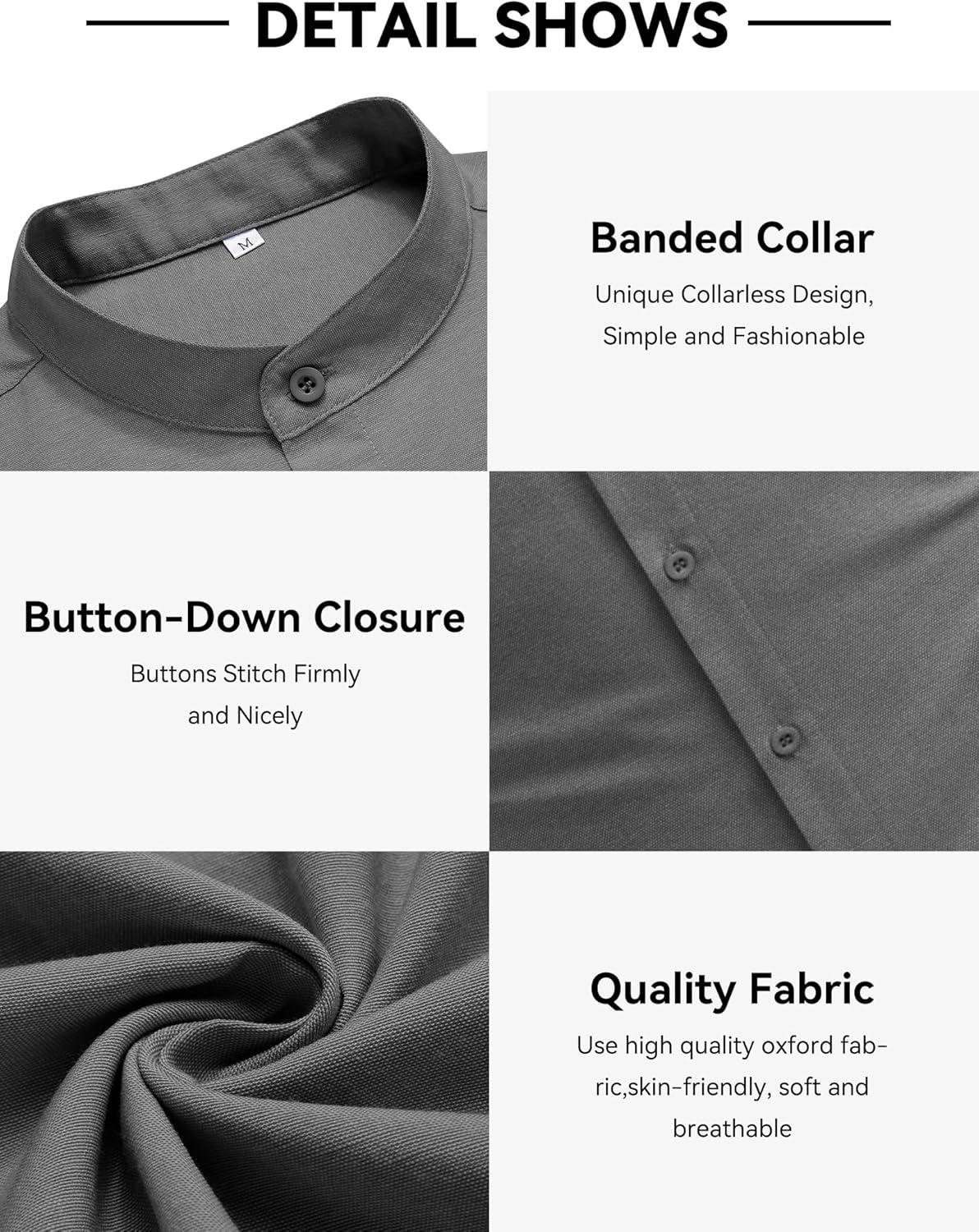 imageCOOFANDY Mens Oxford Shirts Long Sleeve Casual Button Down Shirts Band Collar Dress Shirt with PocketDark Grey