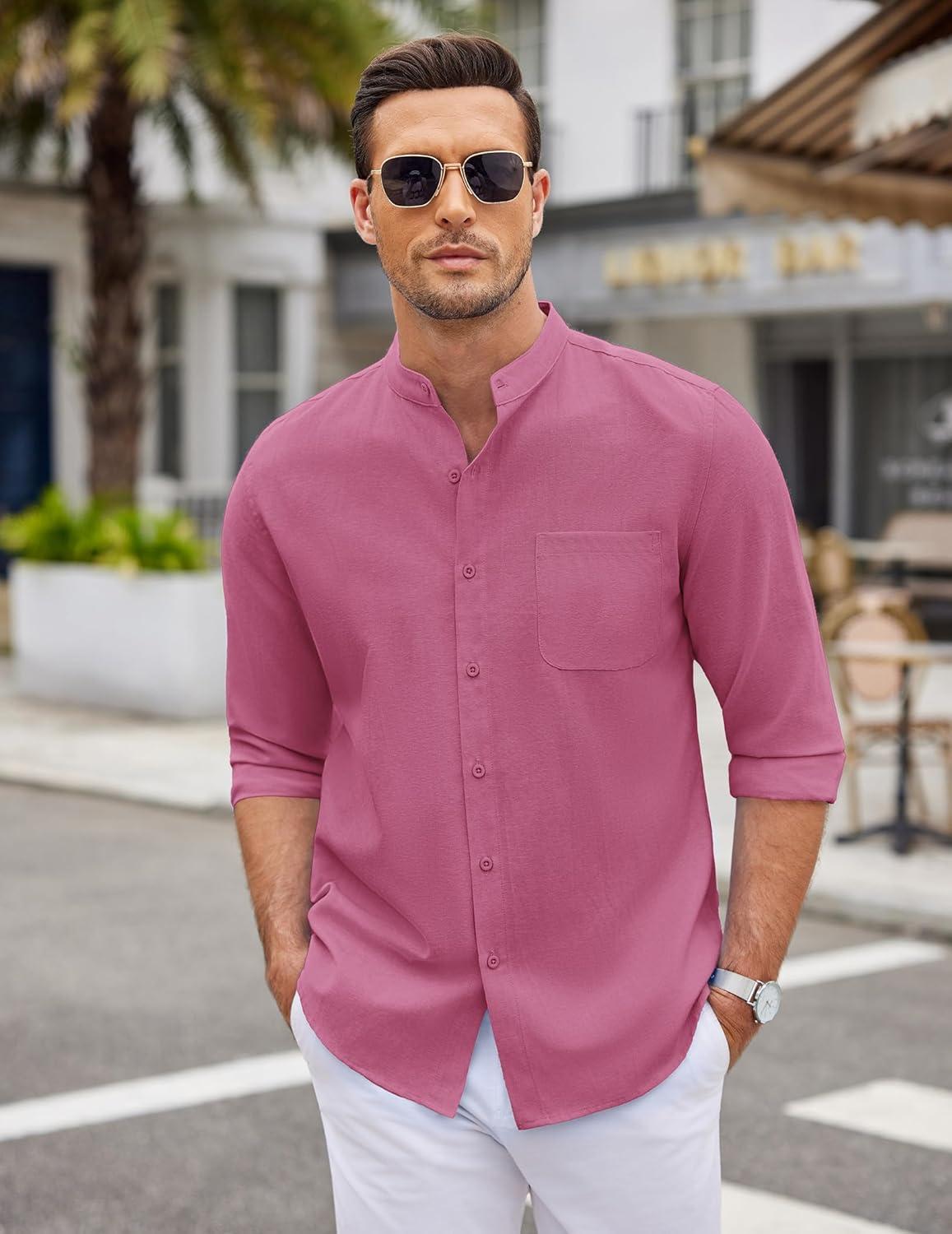 imageCOOFANDY Mens Oxford Shirts Long Sleeve Casual Button Down Shirts Band Collar Dress Shirt with PocketDark Red