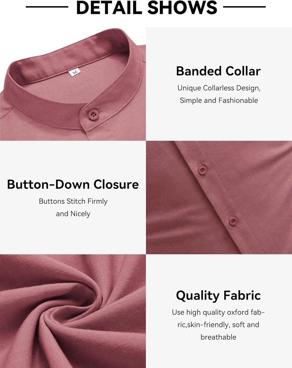 imageCOOFANDY Mens Oxford Shirts Long Sleeve Casual Button Down Shirts Band Collar Dress Shirt with PocketDark Red
