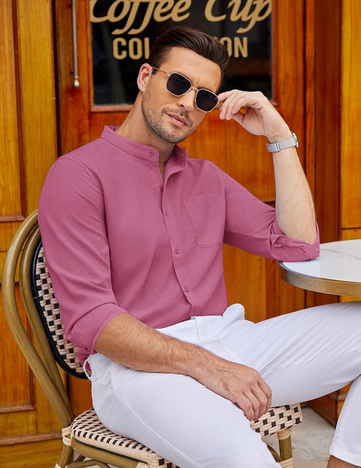 imageCOOFANDY Mens Oxford Shirts Long Sleeve Casual Button Down Shirts Band Collar Dress Shirt with PocketDark Red