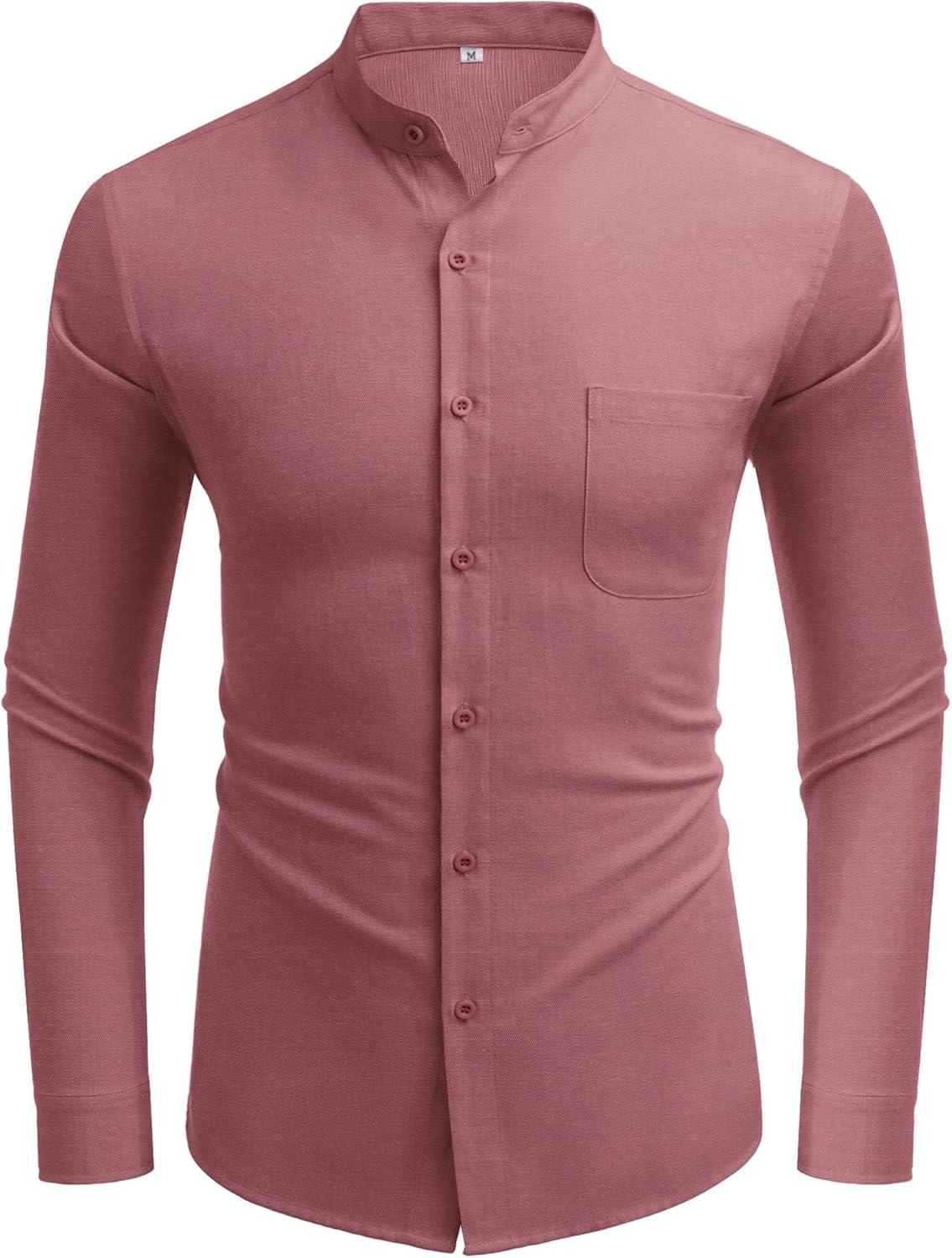 imageCOOFANDY Mens Oxford Shirts Long Sleeve Casual Button Down Shirts Band Collar Dress Shirt with PocketDark Red