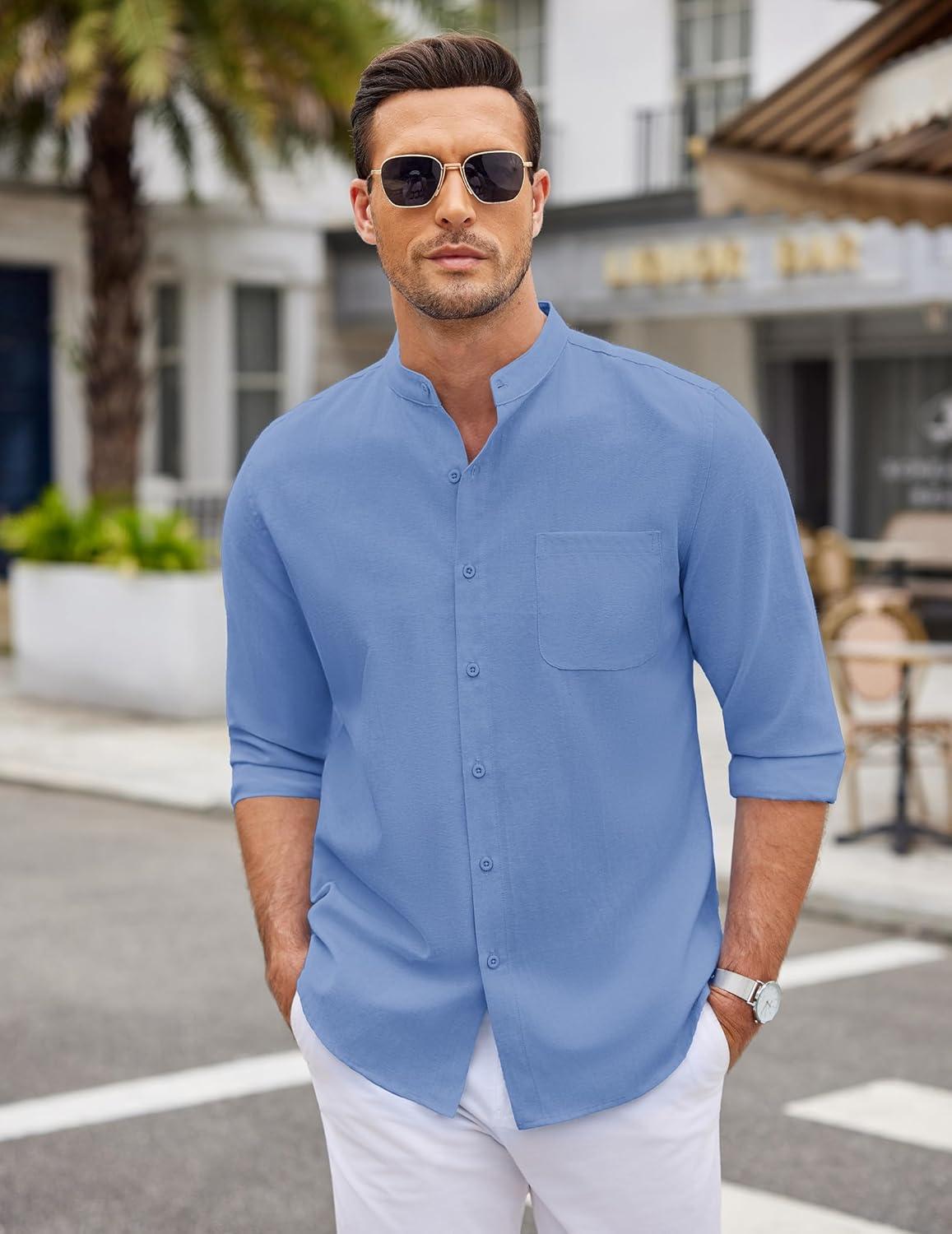 imageCOOFANDY Mens Oxford Shirts Long Sleeve Casual Button Down Shirts Band Collar Dress Shirt with PocketDenim Blue