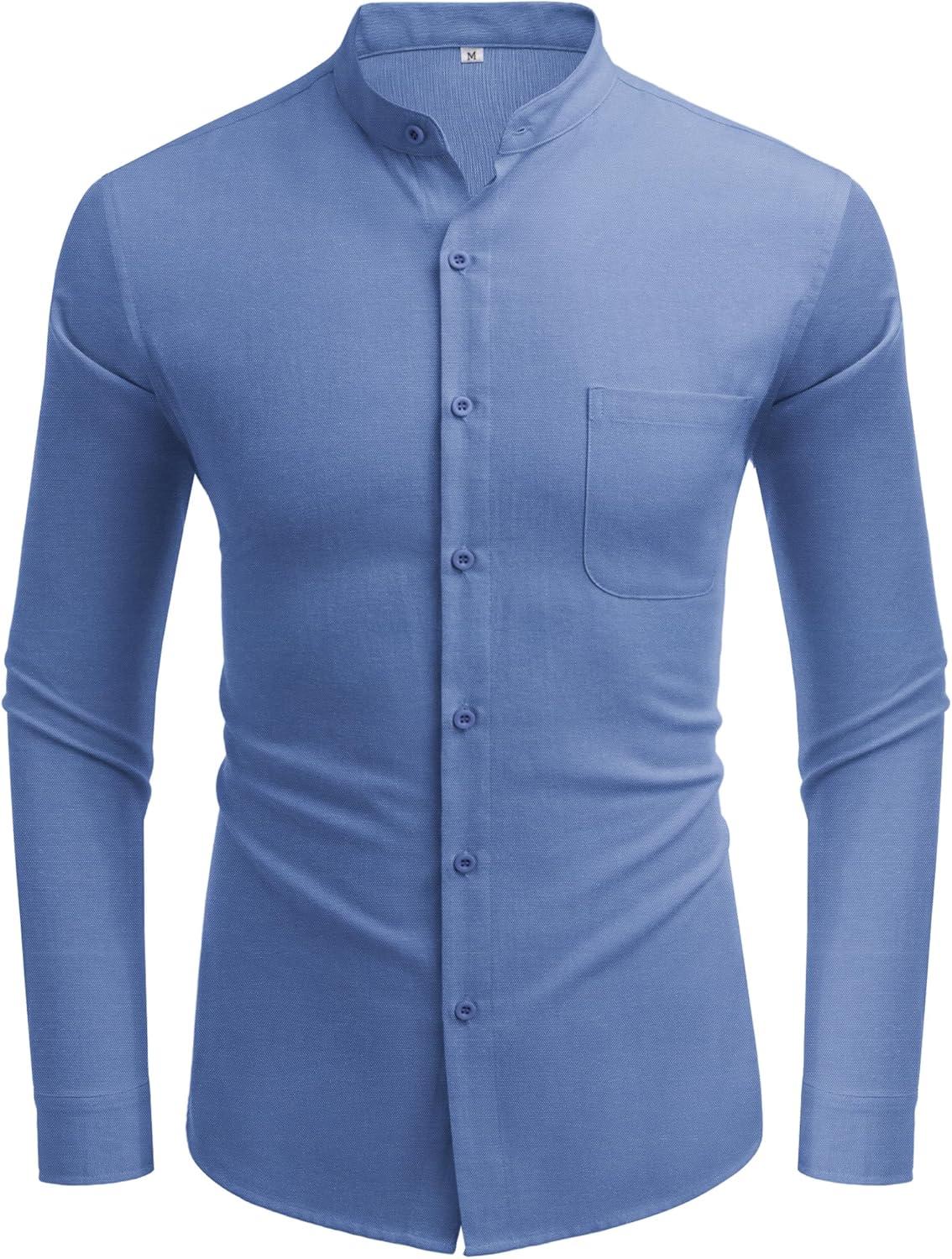 imageCOOFANDY Mens Oxford Shirts Long Sleeve Casual Button Down Shirts Band Collar Dress Shirt with PocketDenim Blue