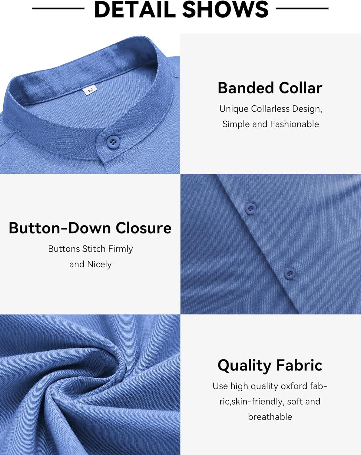 imageCOOFANDY Mens Oxford Shirts Long Sleeve Casual Button Down Shirts Band Collar Dress Shirt with PocketDenim Blue