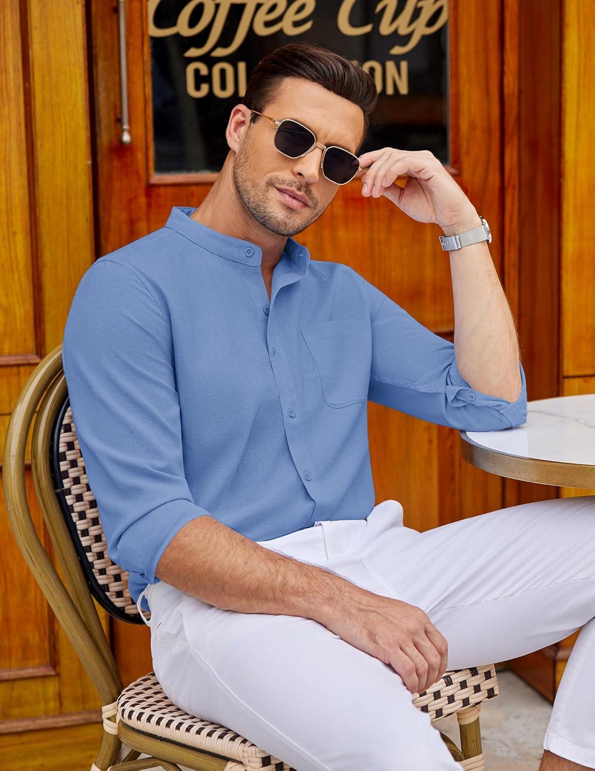 imageCOOFANDY Mens Oxford Shirts Long Sleeve Casual Button Down Shirts Band Collar Dress Shirt with PocketDenim Blue