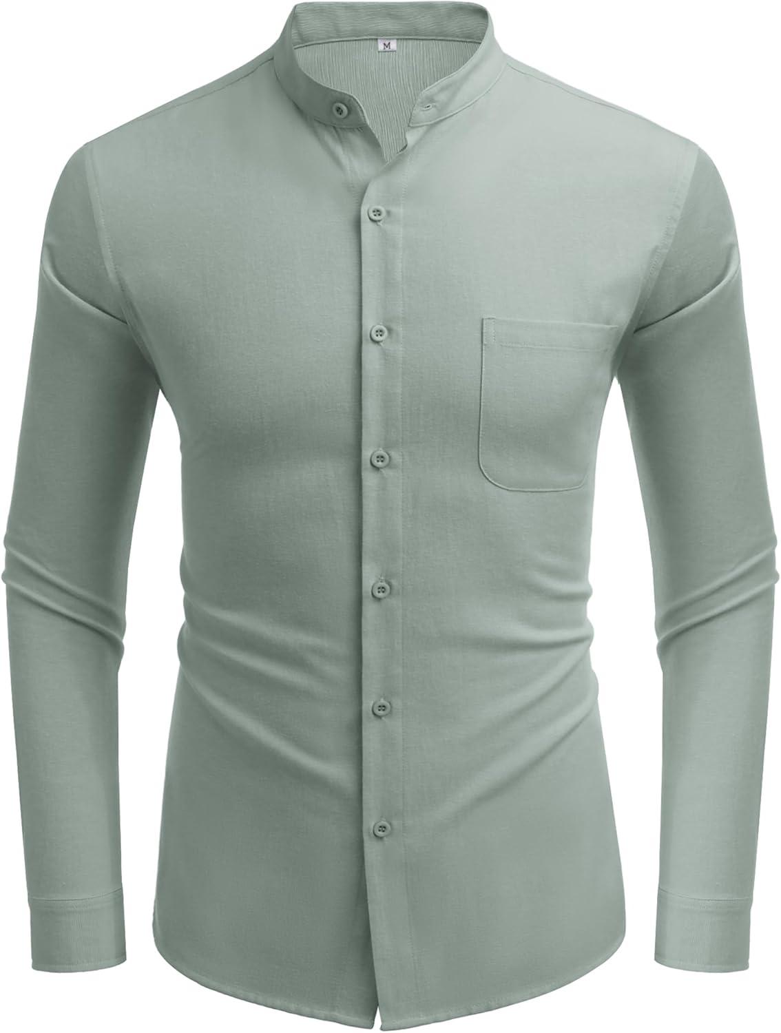 imageCOOFANDY Mens Oxford Shirts Long Sleeve Casual Button Down Shirts Band Collar Dress Shirt with PocketGreen