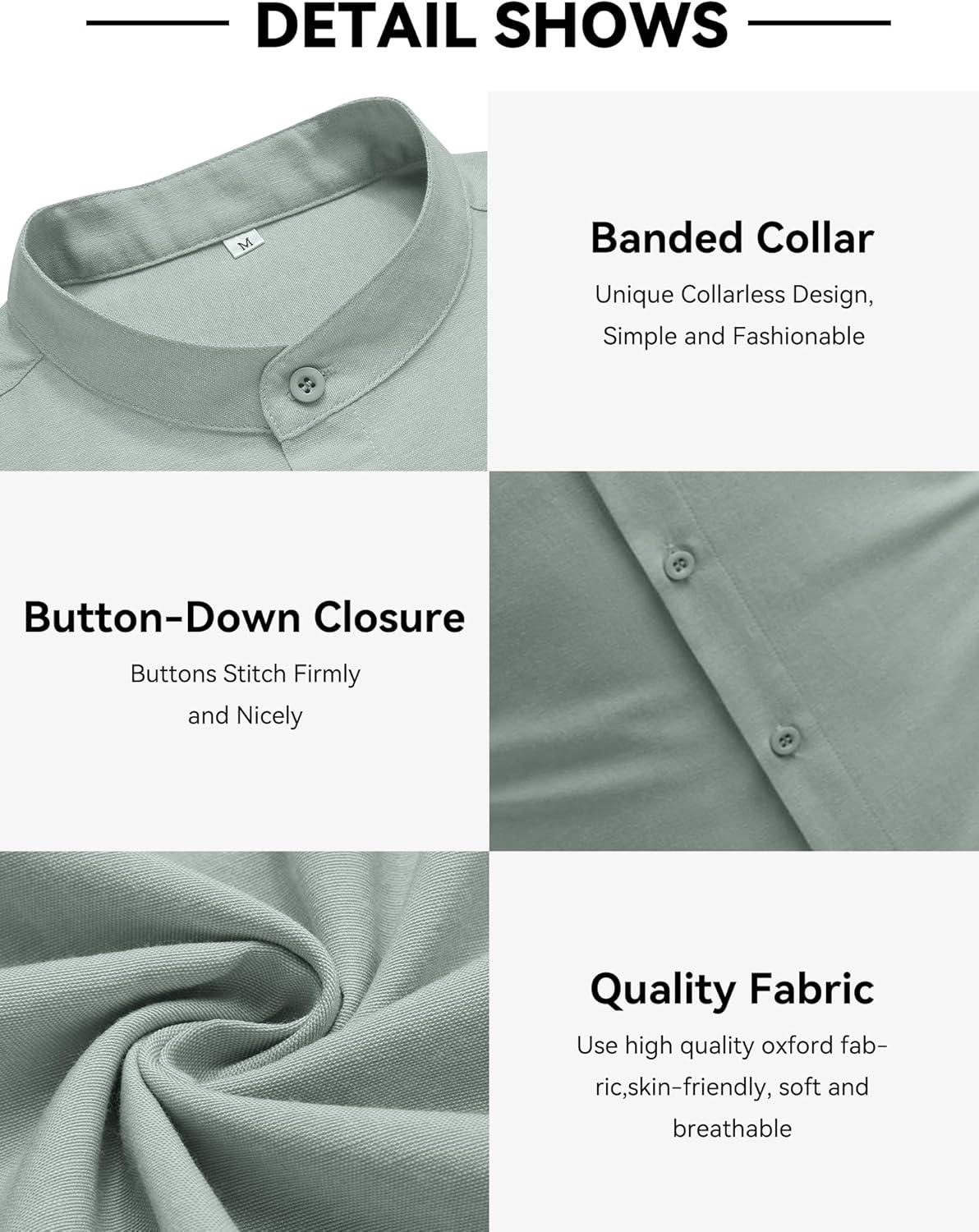 imageCOOFANDY Mens Oxford Shirts Long Sleeve Casual Button Down Shirts Band Collar Dress Shirt with PocketGreen