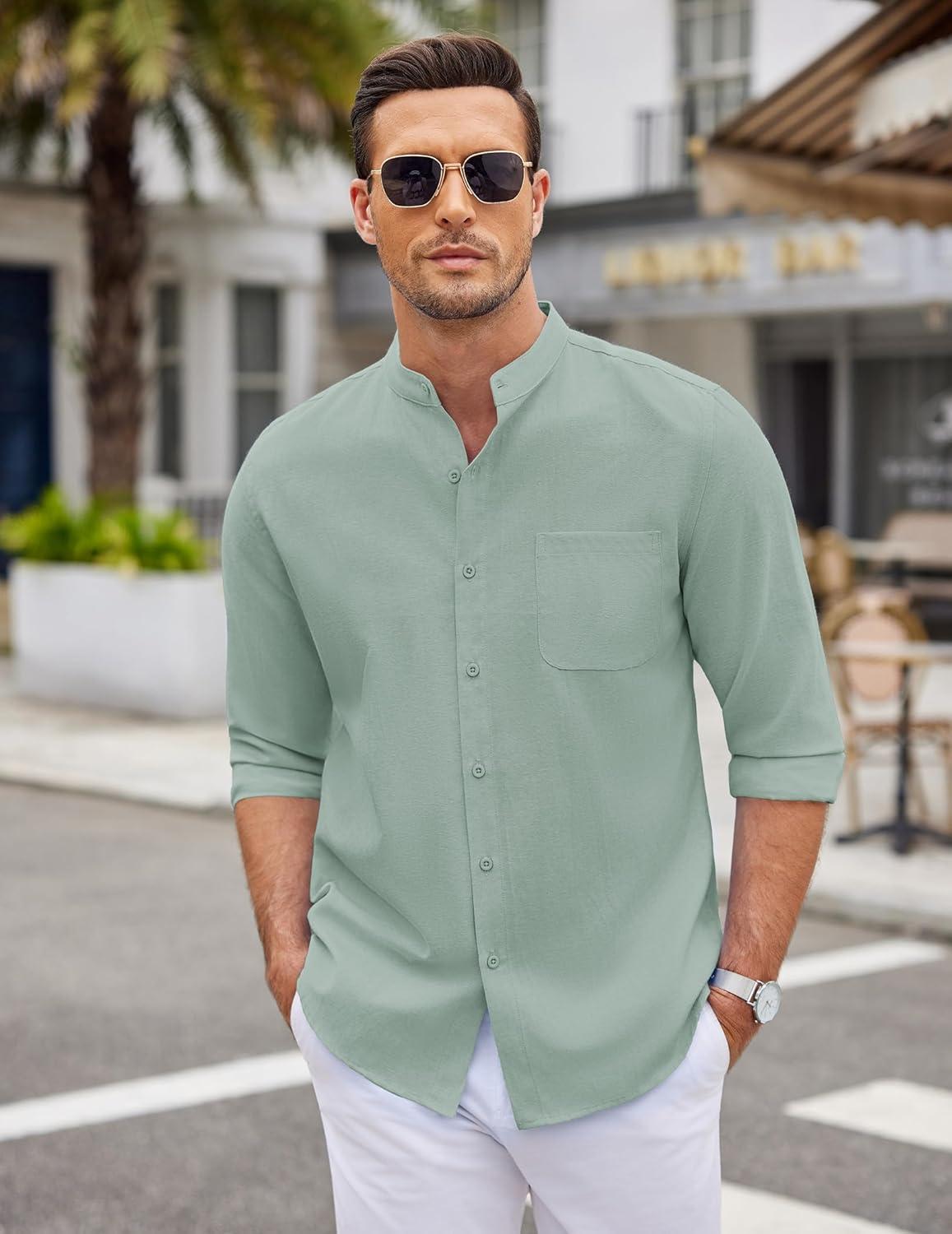 imageCOOFANDY Mens Oxford Shirts Long Sleeve Casual Button Down Shirts Band Collar Dress Shirt with PocketGreen