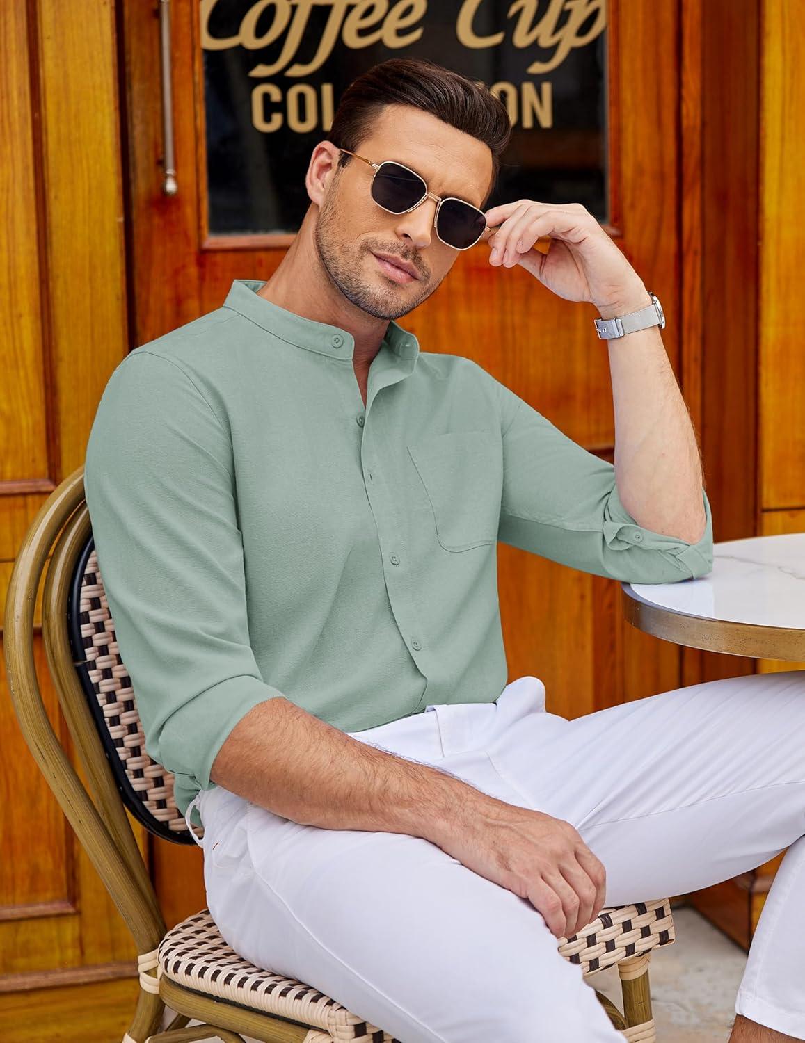imageCOOFANDY Mens Oxford Shirts Long Sleeve Casual Button Down Shirts Band Collar Dress Shirt with PocketGreen
