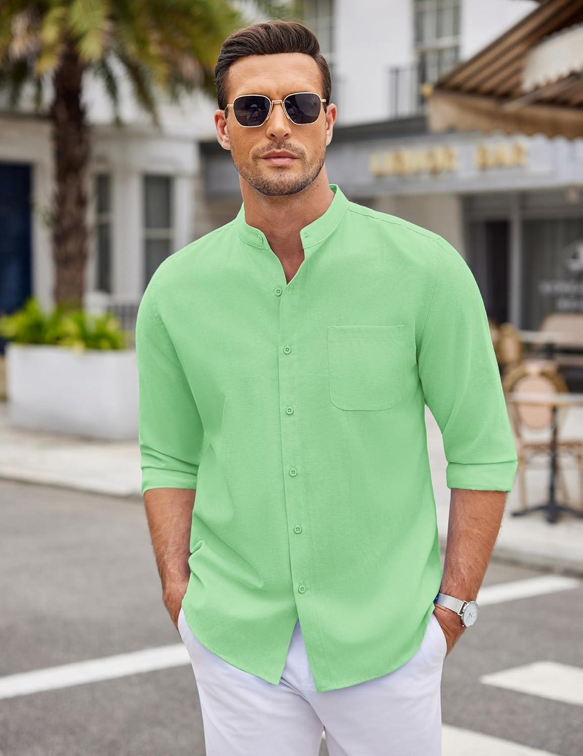 imageCOOFANDY Mens Oxford Shirts Long Sleeve Casual Button Down Shirts Band Collar Dress Shirt with PocketLight Green