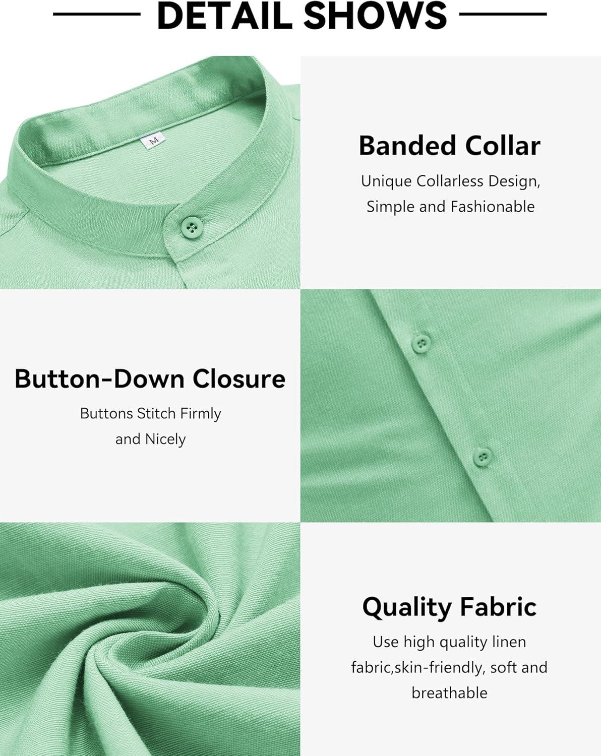 imageCOOFANDY Mens Oxford Shirts Long Sleeve Casual Button Down Shirts Band Collar Dress Shirt with PocketLight Green