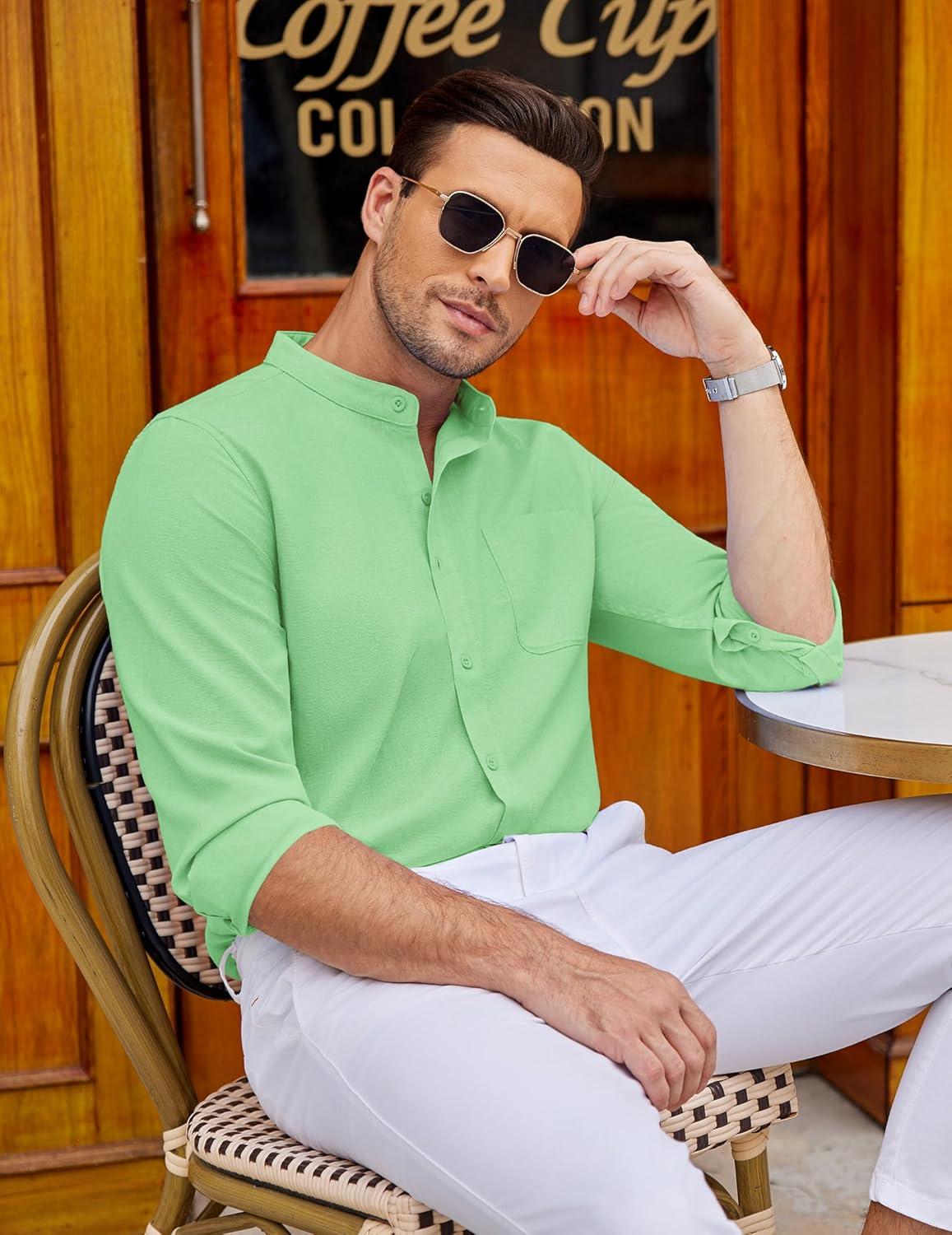 imageCOOFANDY Mens Oxford Shirts Long Sleeve Casual Button Down Shirts Band Collar Dress Shirt with PocketLight Green