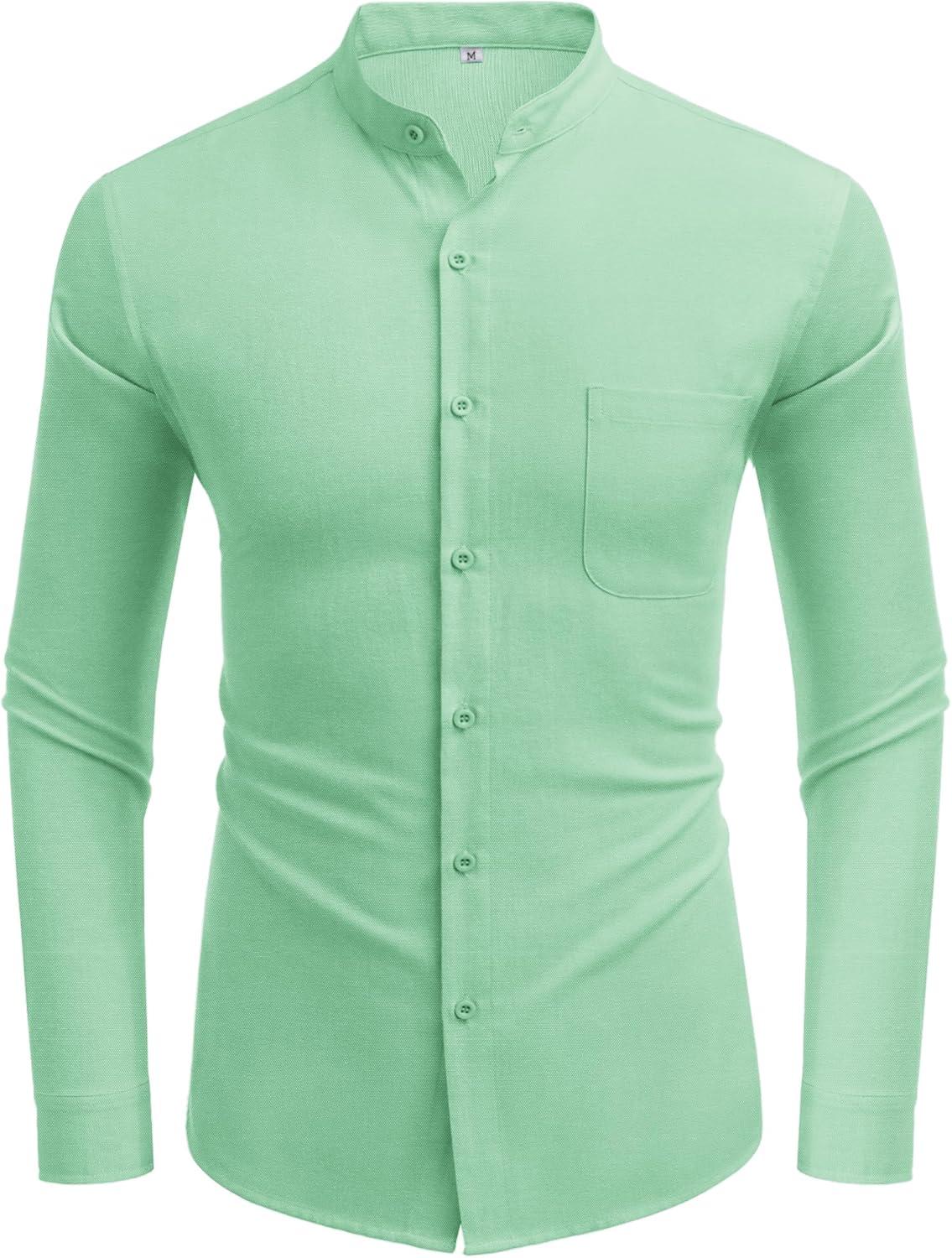 imageCOOFANDY Mens Oxford Shirts Long Sleeve Casual Button Down Shirts Band Collar Dress Shirt with PocketLight Green