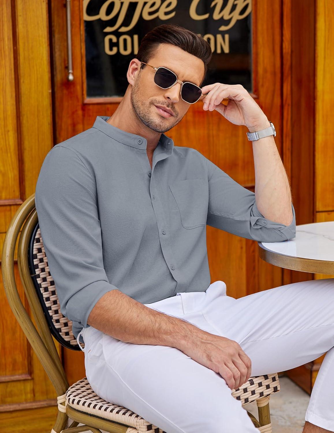 imageCOOFANDY Mens Oxford Shirts Long Sleeve Casual Button Down Shirts Band Collar Dress Shirt with PocketLight Grey