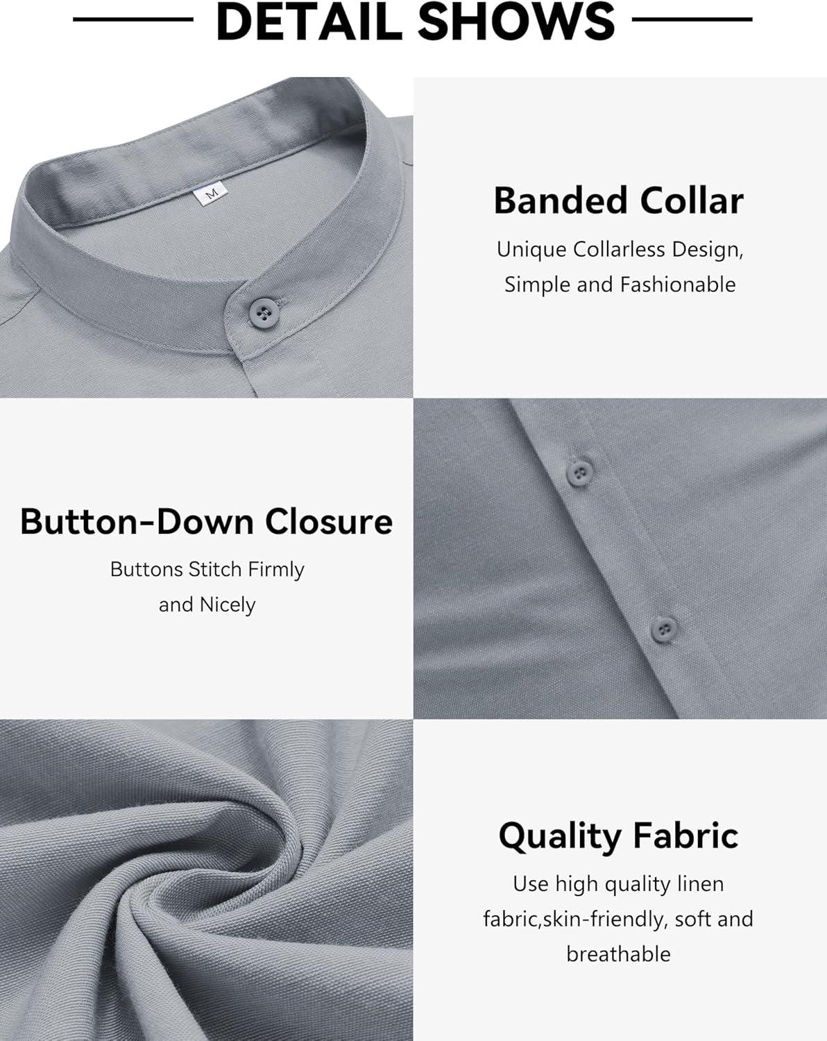 imageCOOFANDY Mens Oxford Shirts Long Sleeve Casual Button Down Shirts Band Collar Dress Shirt with PocketLight Grey