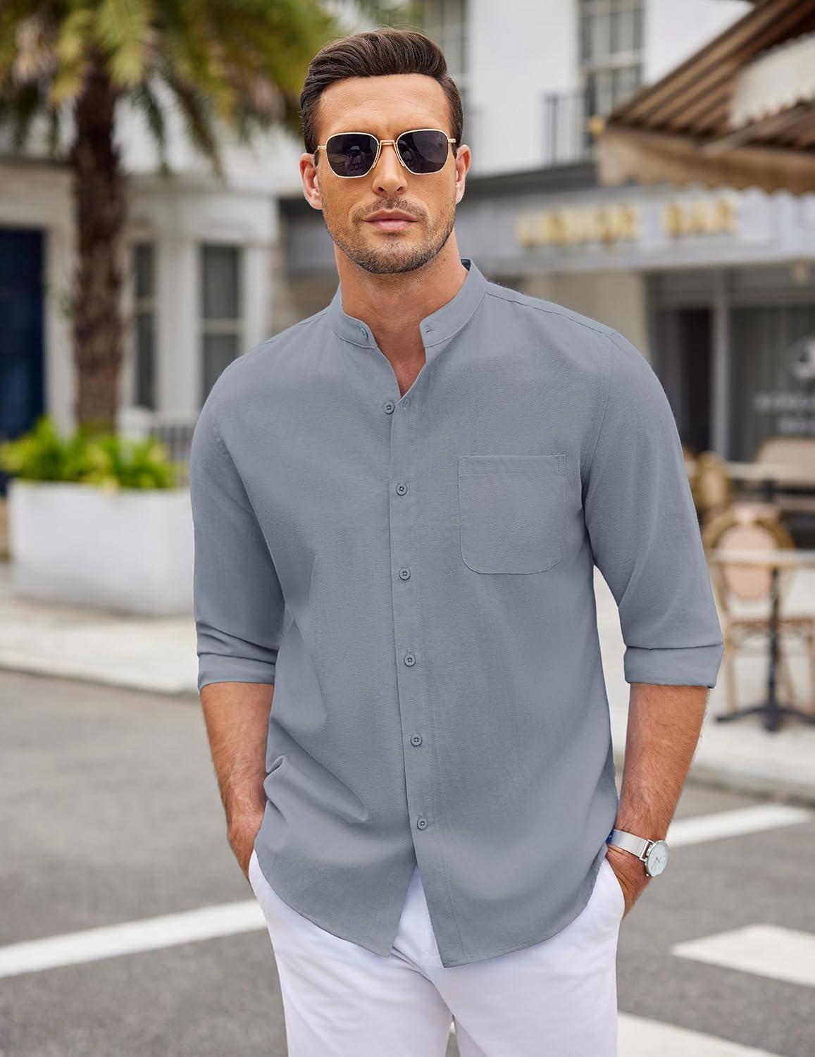 imageCOOFANDY Mens Oxford Shirts Long Sleeve Casual Button Down Shirts Band Collar Dress Shirt with PocketLight Grey