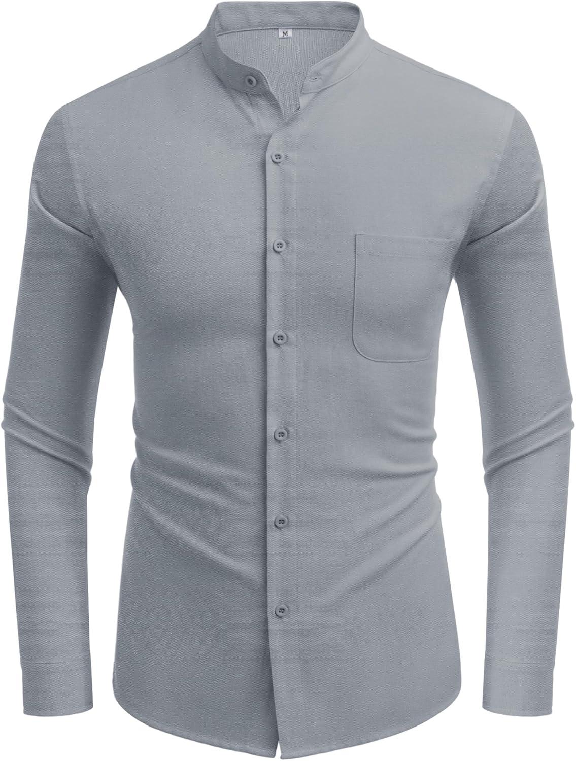 imageCOOFANDY Mens Oxford Shirts Long Sleeve Casual Button Down Shirts Band Collar Dress Shirt with PocketLight Grey