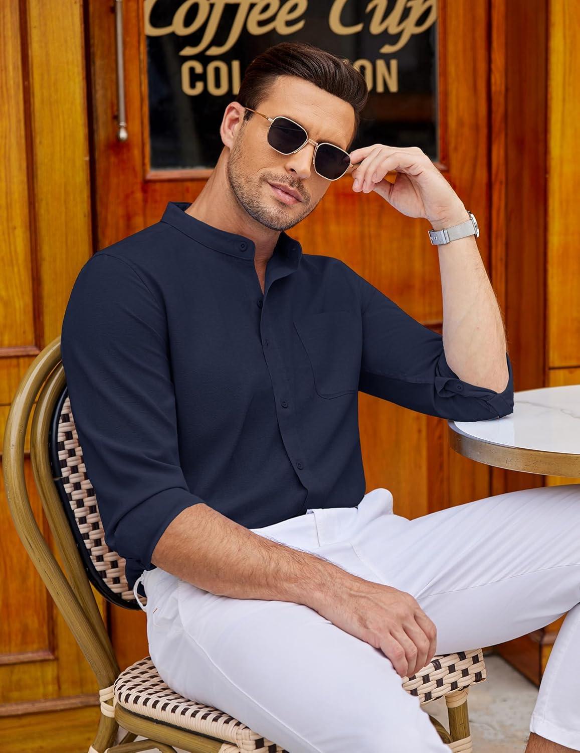 imageCOOFANDY Mens Oxford Shirts Long Sleeve Casual Button Down Shirts Band Collar Dress Shirt with PocketNavy Blue