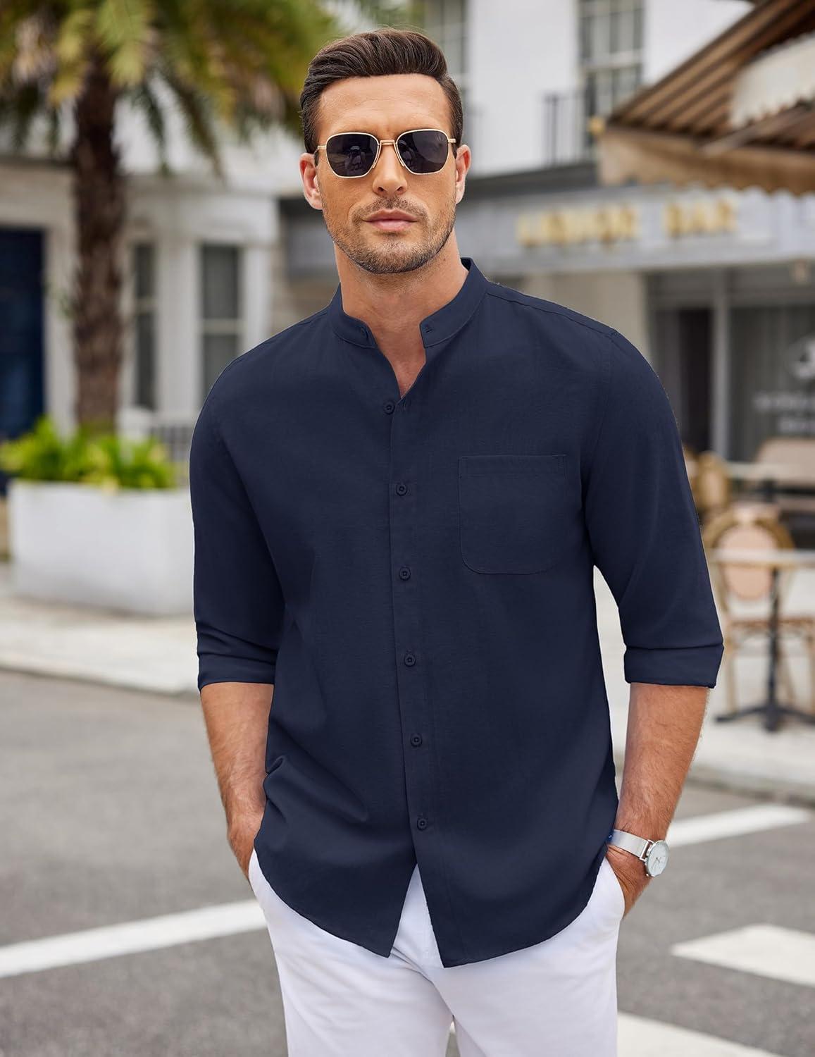 imageCOOFANDY Mens Oxford Shirts Long Sleeve Casual Button Down Shirts Band Collar Dress Shirt with PocketNavy Blue
