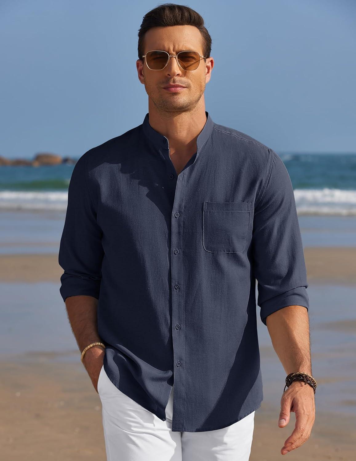 imageCOOFANDY Mens Oxford Shirts Long Sleeve Casual Button Down Shirts Band Collar Dress Shirt with PocketNavy Blue