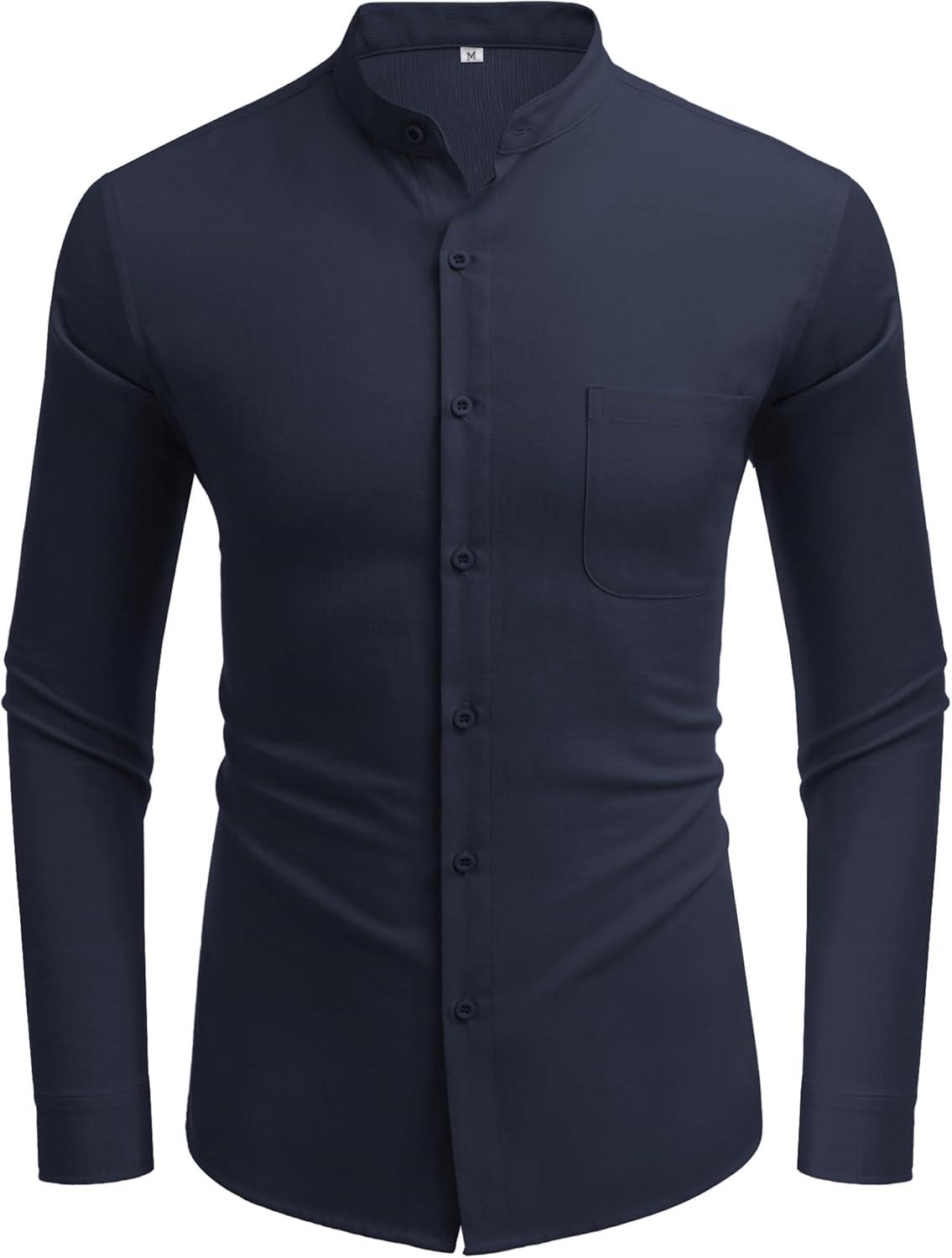 imageCOOFANDY Mens Oxford Shirts Long Sleeve Casual Button Down Shirts Band Collar Dress Shirt with PocketNavy Blue