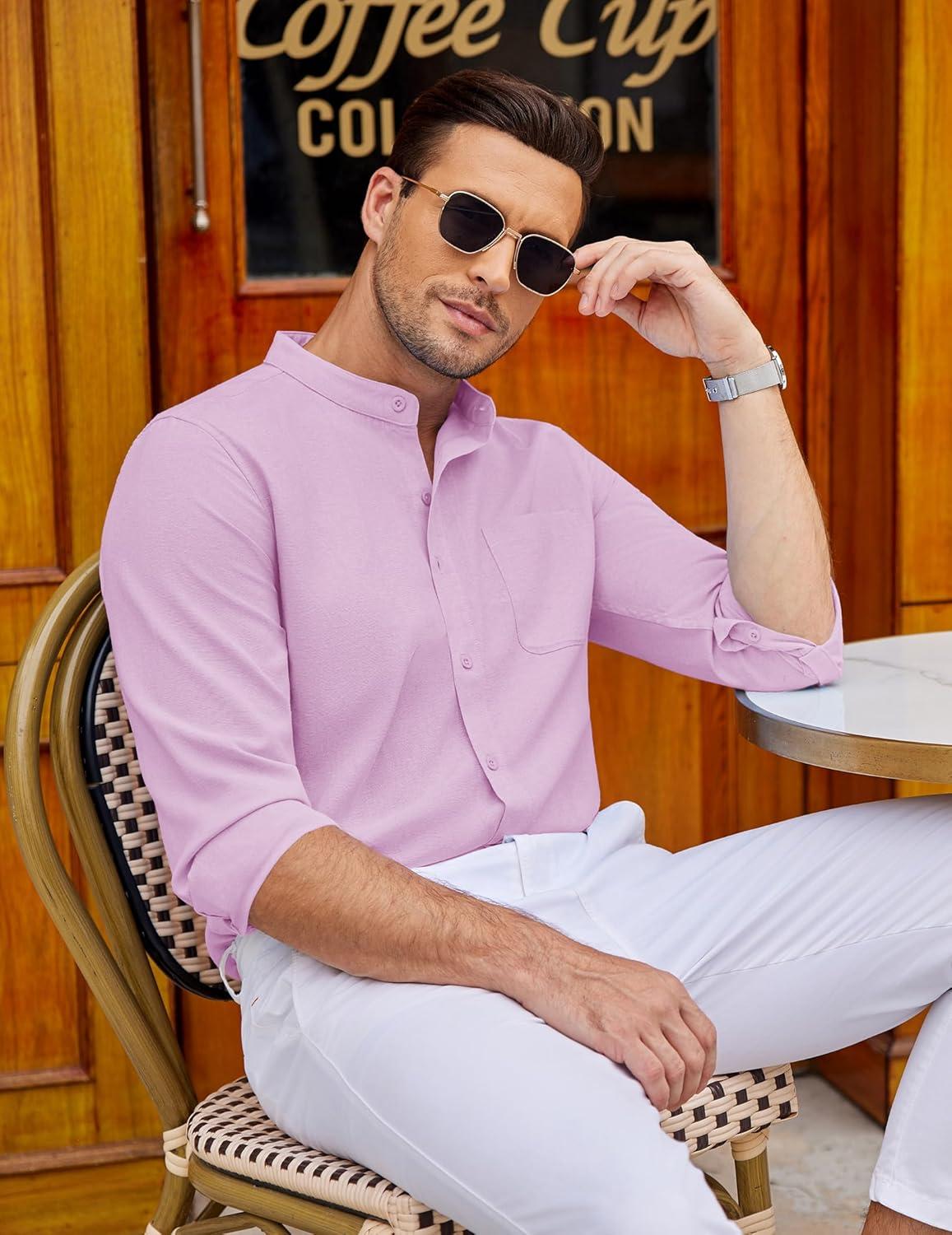 imageCOOFANDY Mens Oxford Shirts Long Sleeve Casual Button Down Shirts Band Collar Dress Shirt with PocketPink