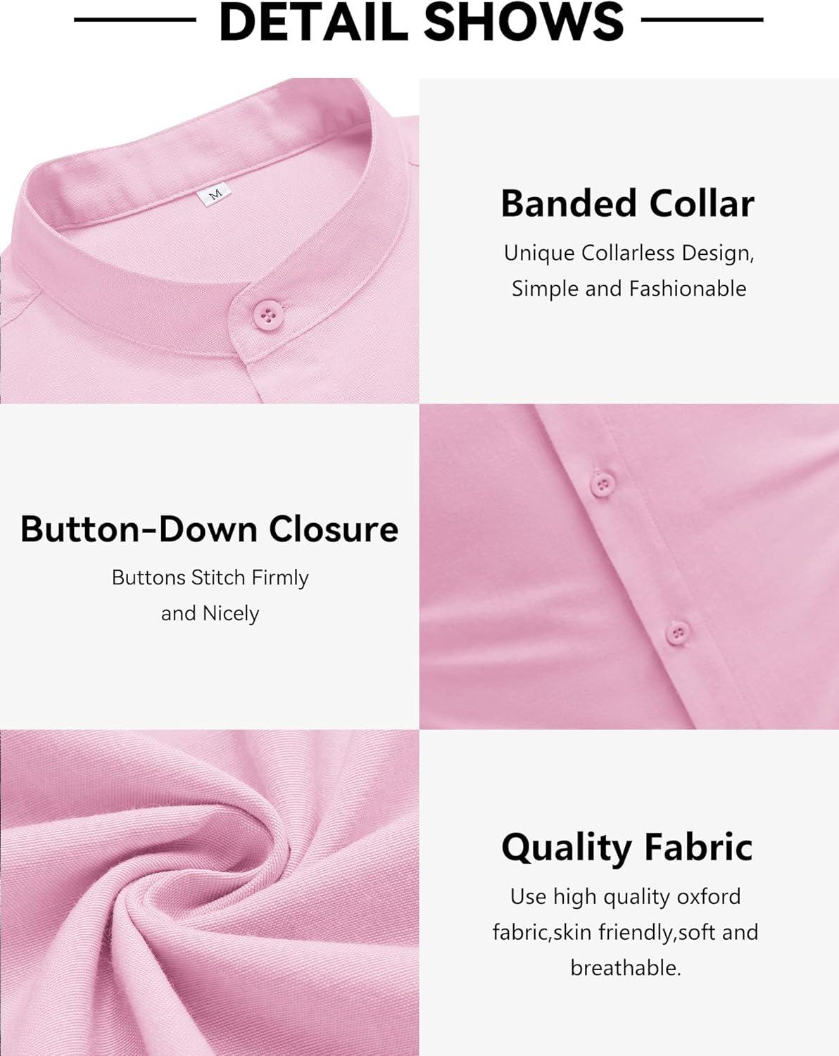 imageCOOFANDY Mens Oxford Shirts Long Sleeve Casual Button Down Shirts Band Collar Dress Shirt with PocketPink